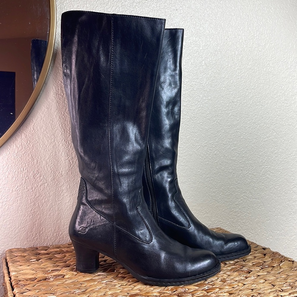 Born Black Leather Navi Heeled Tall Boots Womens 9 Zip Up